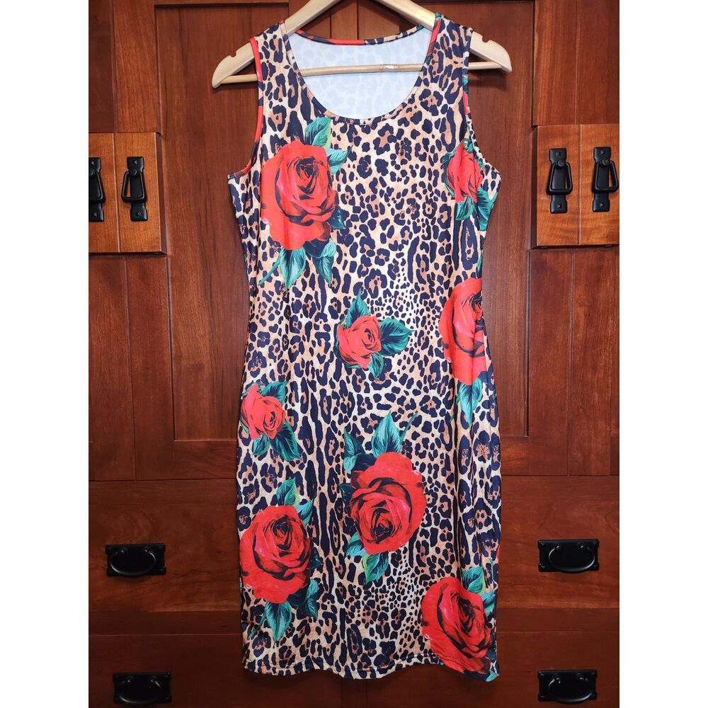 Floral and Cheetah Print BodyCon Sleeveless Midi Dress Women's Size L